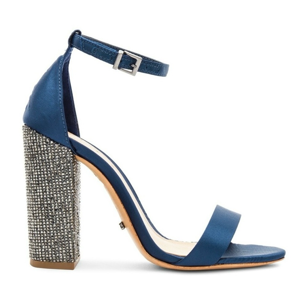 Schutz Hara Sandals Blue Satin Rhinestone Block Heel Ankle Strap 6 Cocktail Glam - Picture 3 of 17
